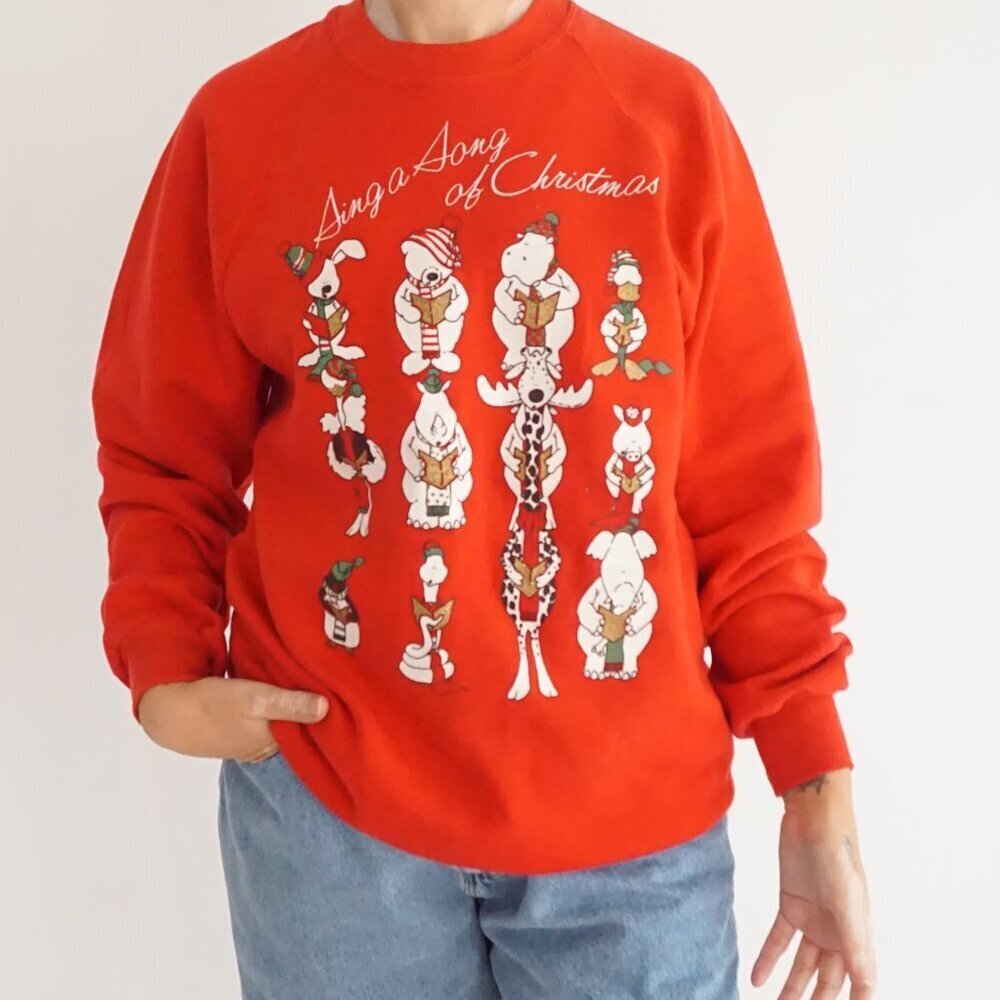 Vintage Jerzees Red Snoopy Peanuts Caroling Christmas Grandmacore Sweater L